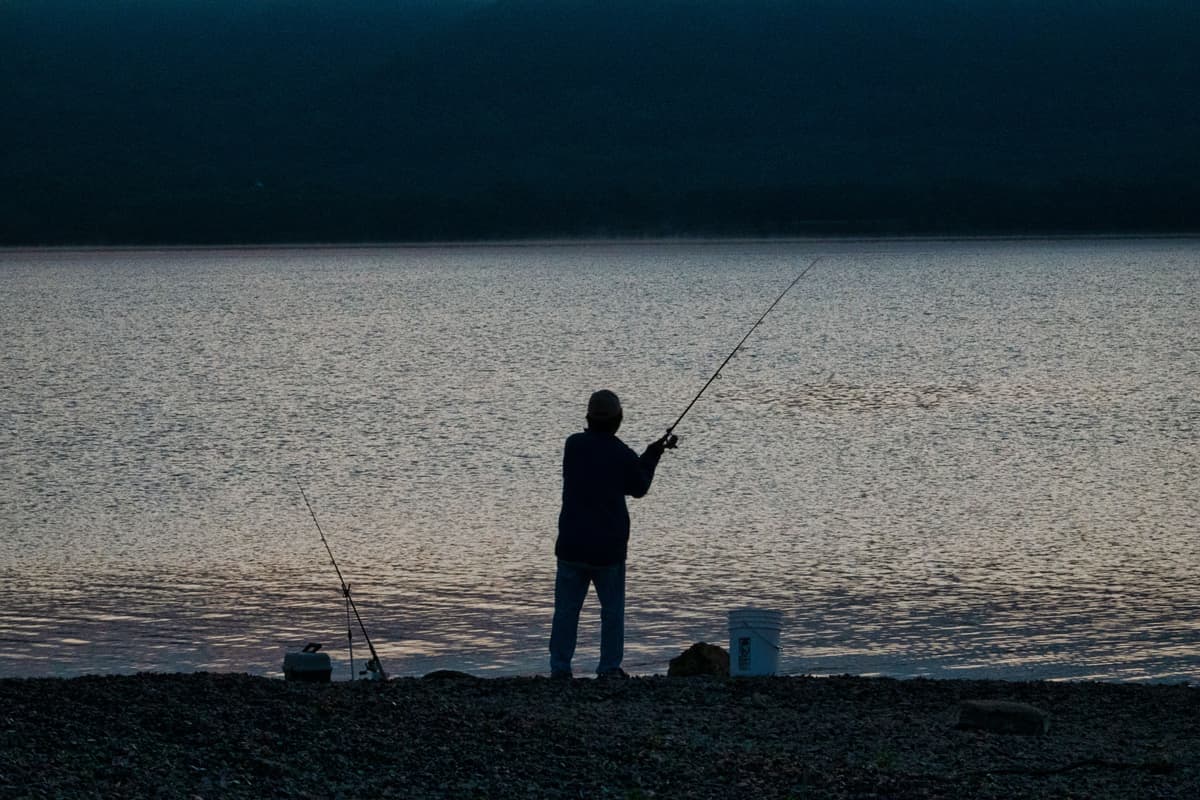A lake at night with still water and low light