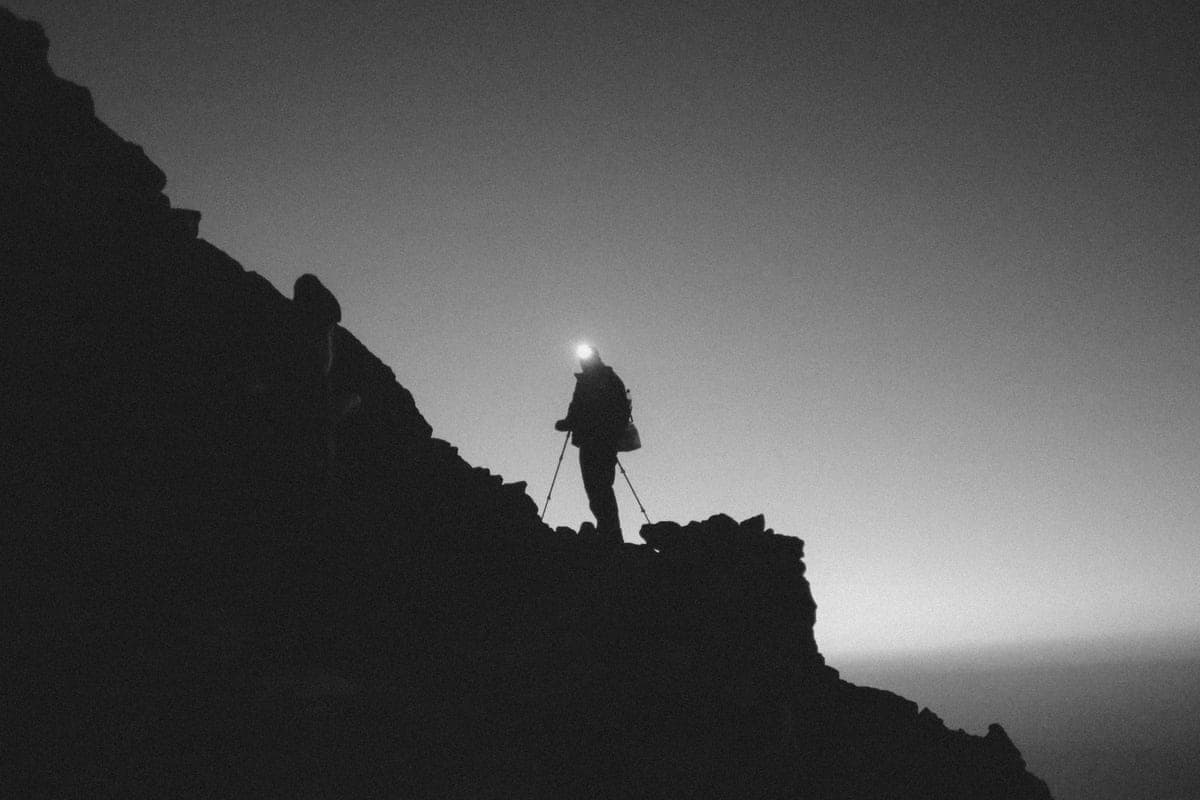 A headlamp resting on outdoor gear at dusk